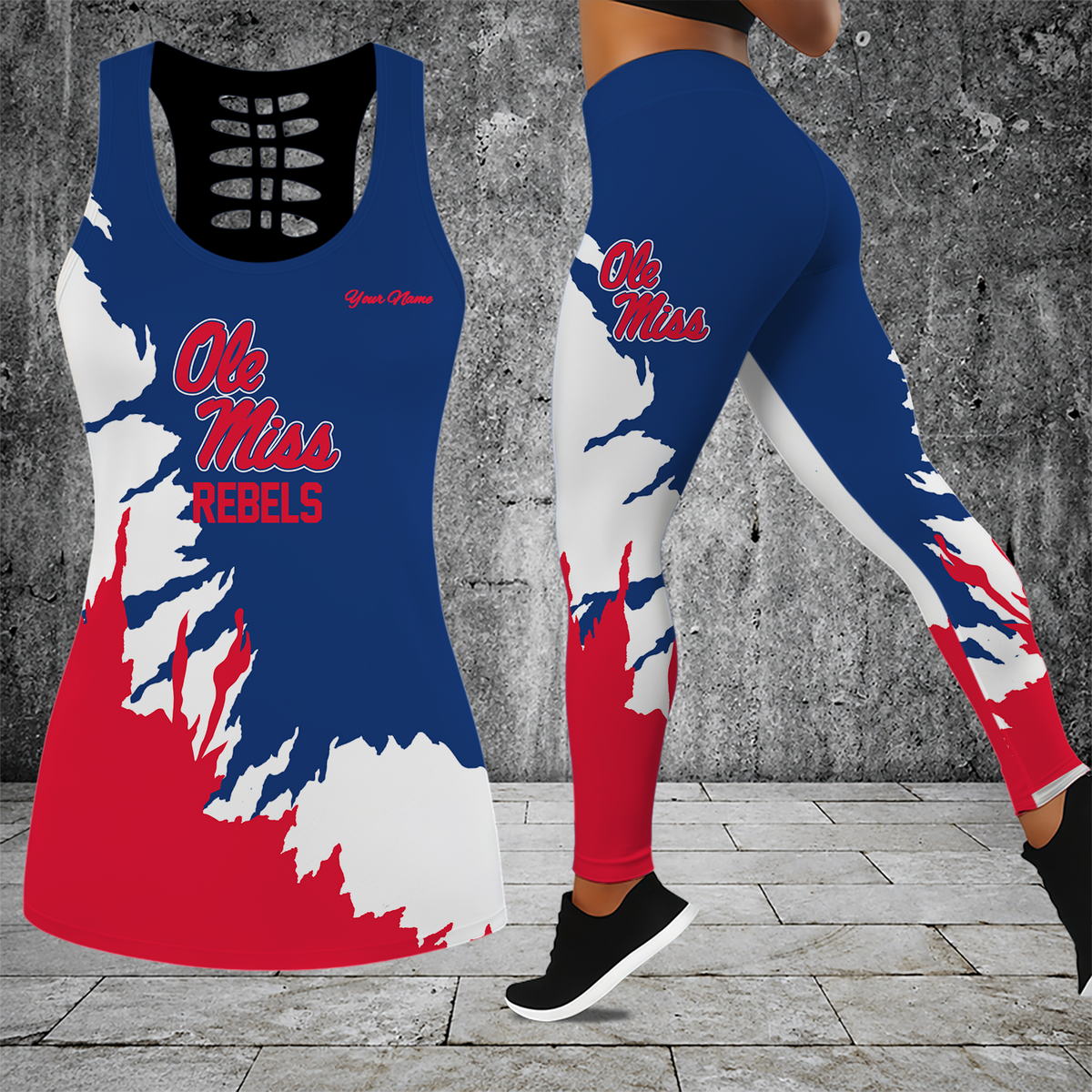 [FAN FAVORITE] NEW CUSTOMIZED NCAA CWS13 OMR OLE MISS REBELS HOLLOW TANK TOP & LEGGINGS SET