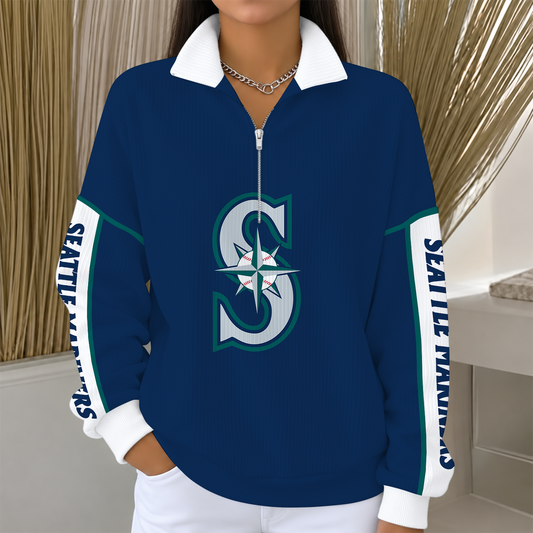 [SPECIAL OFFER] NEW CUSTOMIZED MLB14 SMS SEATTLE MARINERS QUARTER ZIP RIBBED SWEATER