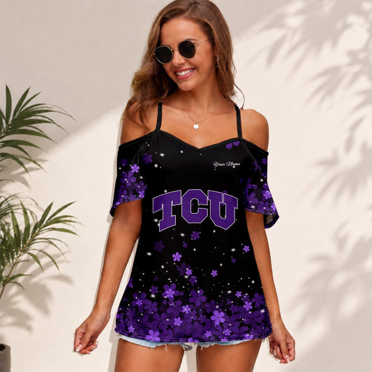 [FAN FAVORITE] NEW CUSTOMIZED NCAA CWS14 THF TCU HORNED FROGS WOMEN'S STRAPPY OFF-SHOULDER TOP