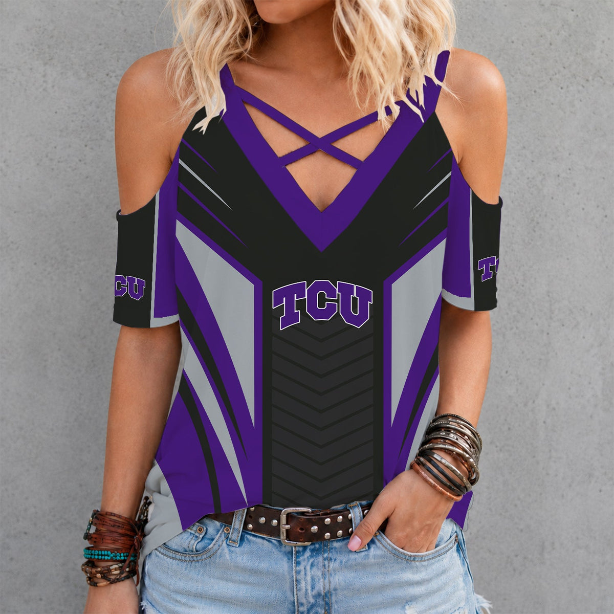 [FAN FAVORITE] NEW CUSTOMIZED NCAA CWS14 THF TCU HORNED FROGS CRISS CROSS V-NECK TOP