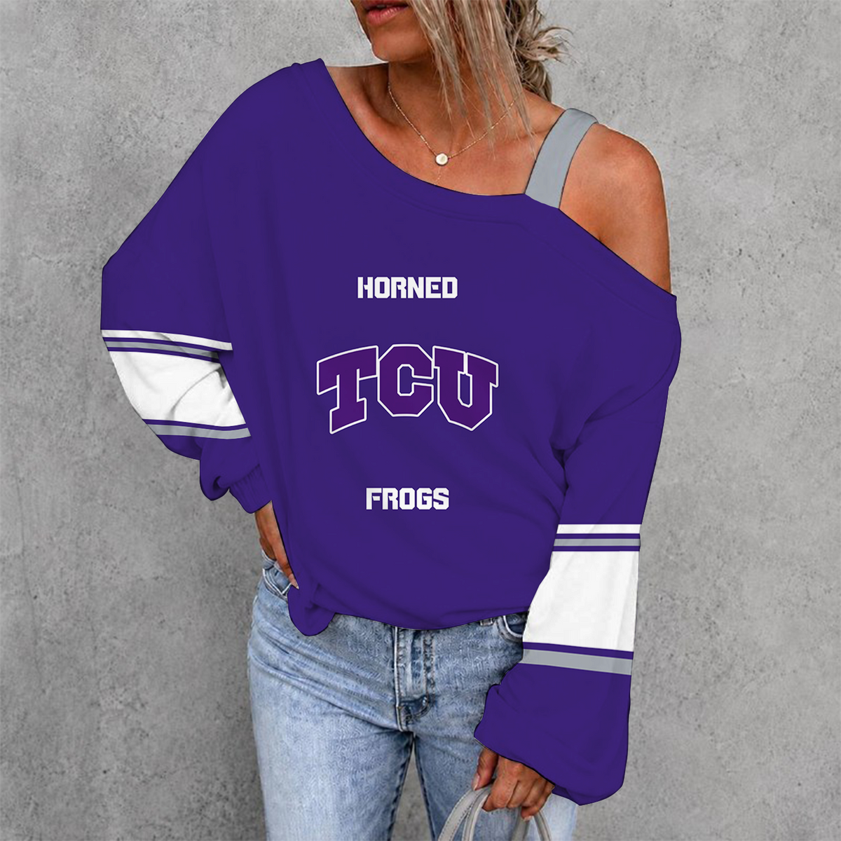 [FAN FAVORITE] NEW CUSTOMIZED NCAA CWS14 THF TCU HORNED FROGS WOMEN'S OFF-SHOULDER LONG SLEEVE SHIRT