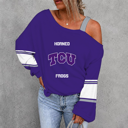 [FAN FAVORITE] NEW CUSTOMIZED NCAA CWS14 THF TCU HORNED FROGS WOMEN'S OFF-SHOULDER LONG SLEEVE SHIRT