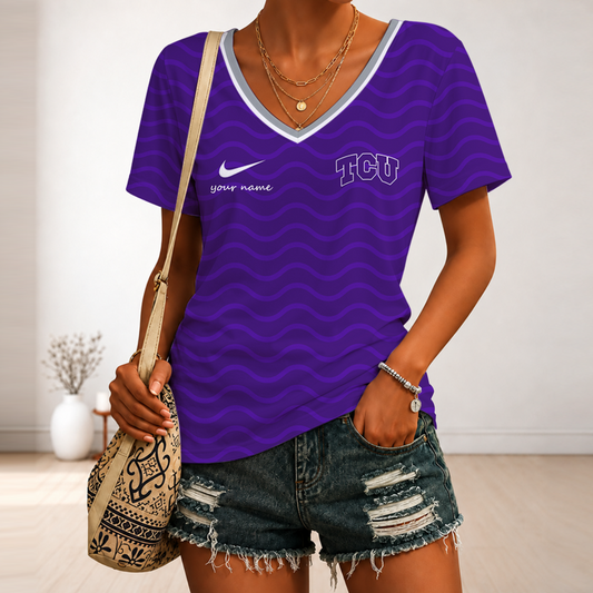 [FAN FAVORITE] NEW CUSTOMIZED NCAA CWS14 THF TCU HORNED FROGS V-NECK FEMALE SHIRT