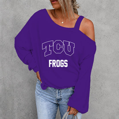 [FAN FAVORITE] NEW CUSTOMIZED NCAA CWS14 THF TCU HORNED FROGS WOMEN'S OFF-SHOULDER LONG SLEEVE SHIRT