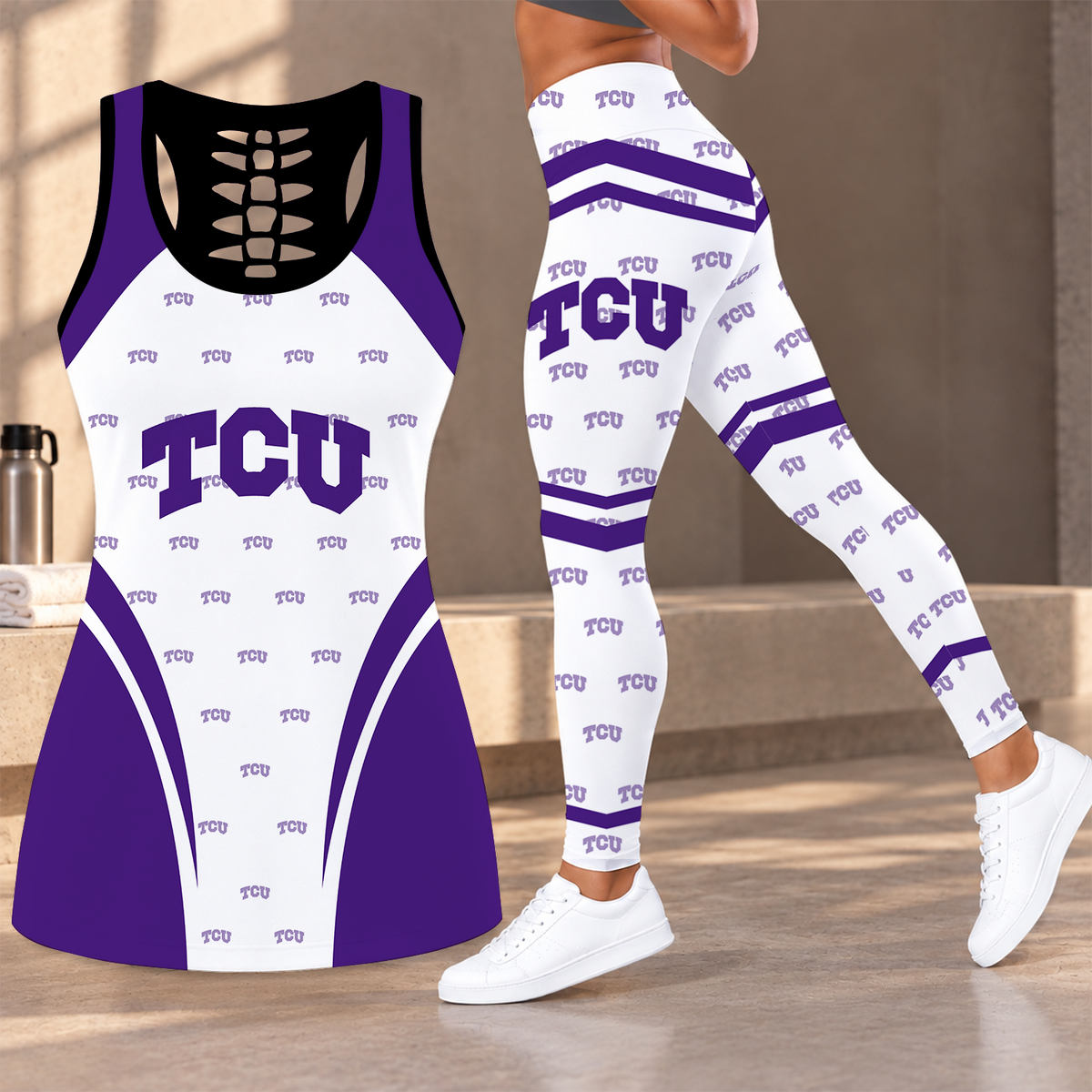 [FAN FAVORITE] NEW CUSTOMIZED NCAA CWS14 THF TCU HORNED FROGS HOLLOW TANK TOP & LEGGINGS SET
