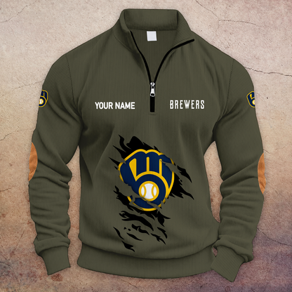 [FLASH SALE] NEW CUSTOMIZED MLB15 MBS MILWAUKEE BREWERS MULTICOLOR STRIPED QUATER ZIP SWEATSHIRT