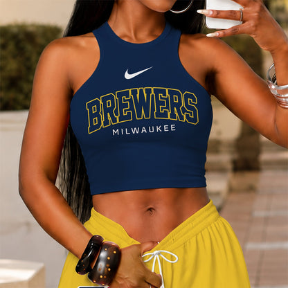 [FLASH SALE] NEW CUSTOMIZED MLB15 MBS MILWAUKEE BREWERS WOMEN'S CROP TOP & LONGPANTS SET