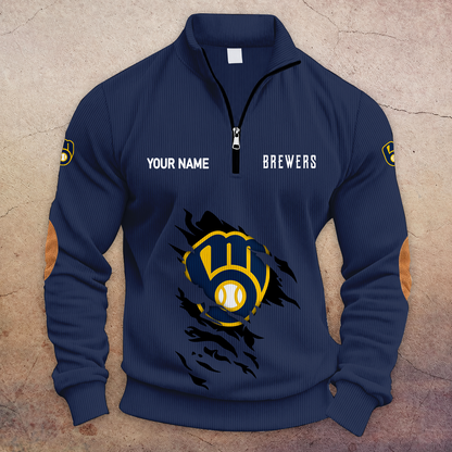 [FLASH SALE] NEW CUSTOMIZED MLB15 MBS MILWAUKEE BREWERS MULTICOLOR STRIPED QUATER ZIP SWEATSHIRT
