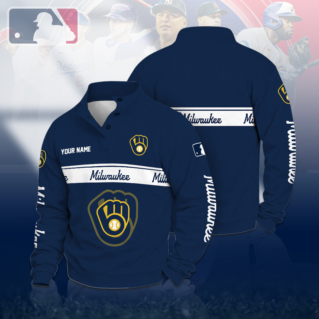 [FLASH SALE] NEW CUSTOMIZED MLB15 MBS MILWAUKEE BREWERS QUARTER-BUTTON SWEATSHIRT