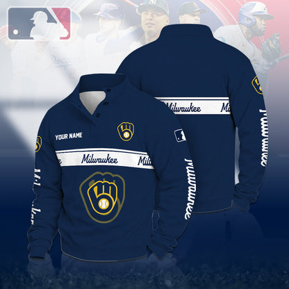[FLASH SALE] NEW CUSTOMIZED MLB15 MBS MILWAUKEE BREWERS QUARTER-BUTTON SWEATSHIRT
