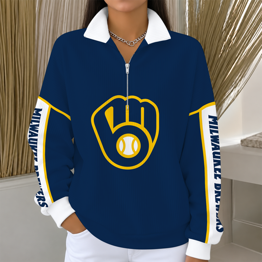 [SPECIAL OFFER] NEW CUSTOMIZED MLB15 MBS MILWAUKEE BREWERS QUARTER ZIP RIBBED SWEATER
