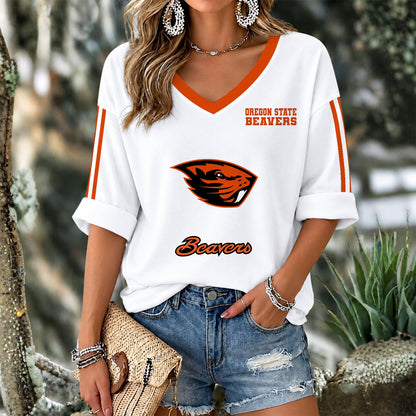 [FAN FAVORITE] NEW CUSTOMIZED NCAA CWS15 OGB OREGON STATE BEAVERS WOMEN'S V-NECK LONG SLEEVE SHIRT