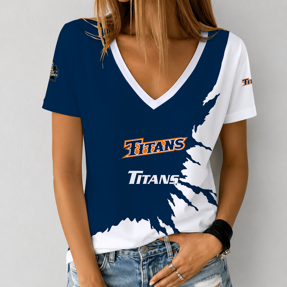 [FAN FAVORITE] NEW CUSTOMIZED NCAA CWS16 CFT CAL STATE FULLERTON TITANS V-NECK FEMALE SHIRT