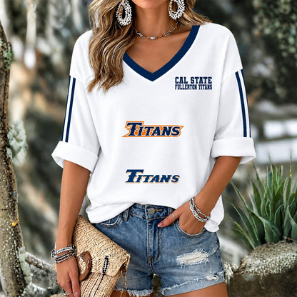 [FAN FAVORITE] NEW CUSTOMIZED NCAA CWS16 CFT CAL STATE FULLERTON TITANS WOMEN'S V-NECK LONG SLEEVE SHIRT