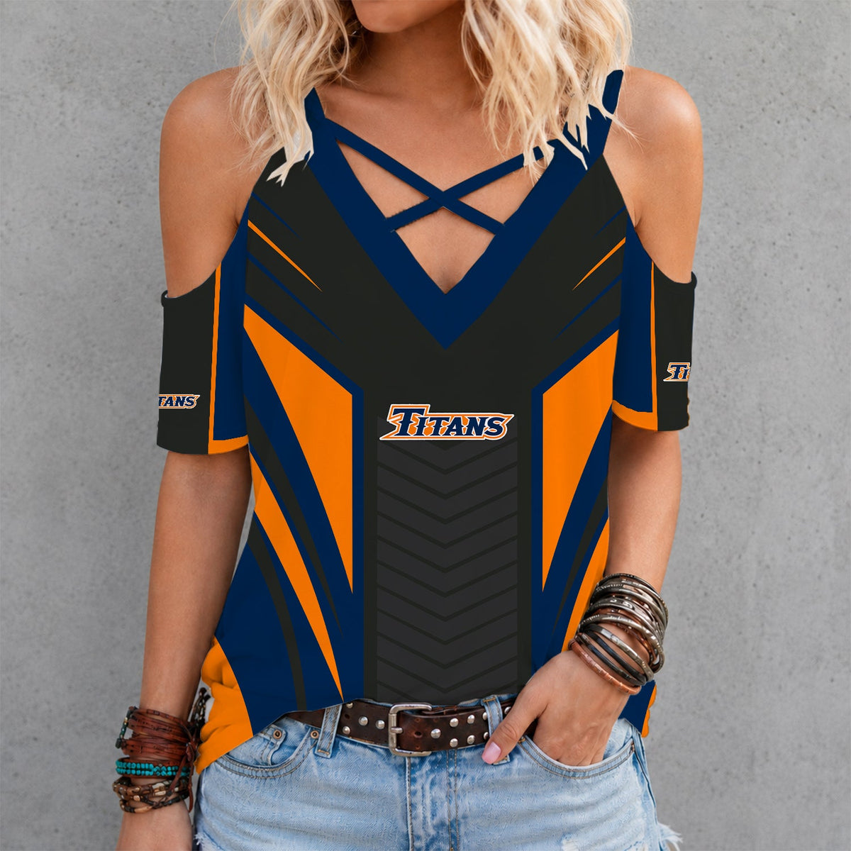 [FAN FAVORITE] NEW CUSTOMIZED NCAA CWS16 CFT CAL STATE FULLERTON TITANS CRISS CROSS V-NECK TOP