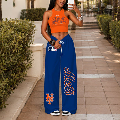 [FLASH SALE] NEW CUSTOMIZED MLB17 NYM NEW YORK METS WOMEN'S CROP TOP & LONGPANTS SET