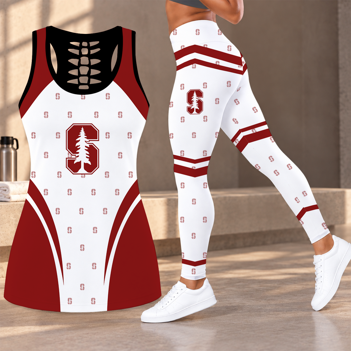 [FAN FAVORITE] NEW CUSTOMIZED NCAA CWS18 STC STANFORD CARDINAL HOLLOW TANK TOP & LEGGINGS SET