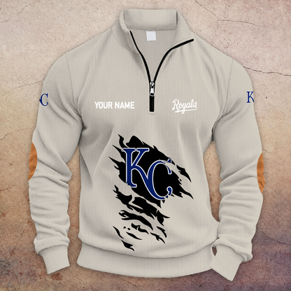 [FLASH SALE] NEW CUSTOMIZED MLB19 KCR KANSAS CITY ROYALS MULTICOLOR STRIPED QUATER ZIP SWEATSHIRT