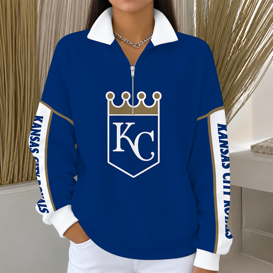 [SPECIAL OFFER] NEW CUSTOMIZED MLB19 KCR KANSAS CITY ROYALS QUARTER ZIP RIBBED SWEATER