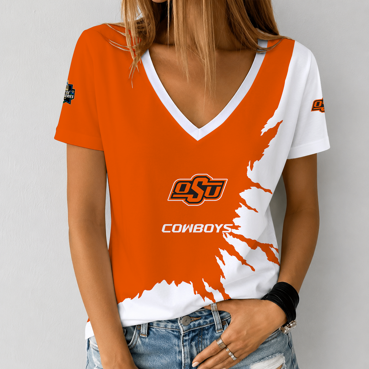 [FAN FAVORITE] NEW CUSTOMIZED NCAA CWS19 OSC OKLAHOMA STATE COWBOYS V-NECK FEMALE SHIRT