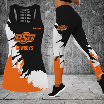 [FAN FAVORITE] NEW CUSTOMIZED NCAA CWS19 OSC OKLAHOMA STATE COWBOYS HOLLOW TANK TOP & LEGGINGS SET