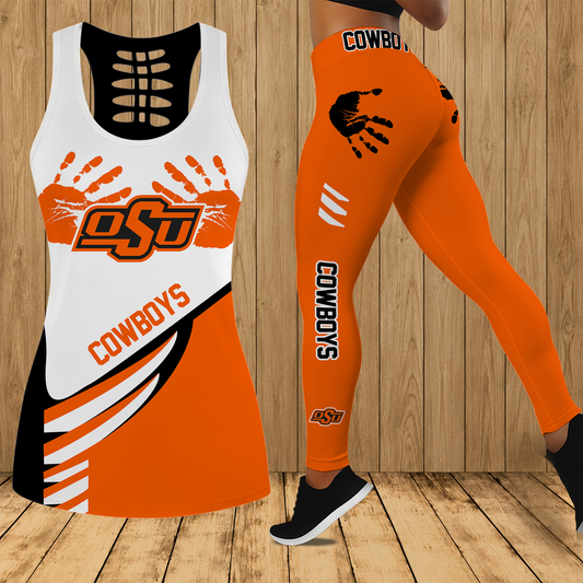 [FAN FAVORITE] NEW CUSTOMIZED NCAA CWS19 OSC OKLAHOMA STATE COWBOYS HOLLOW TANK TOP & LEGGINGS SET