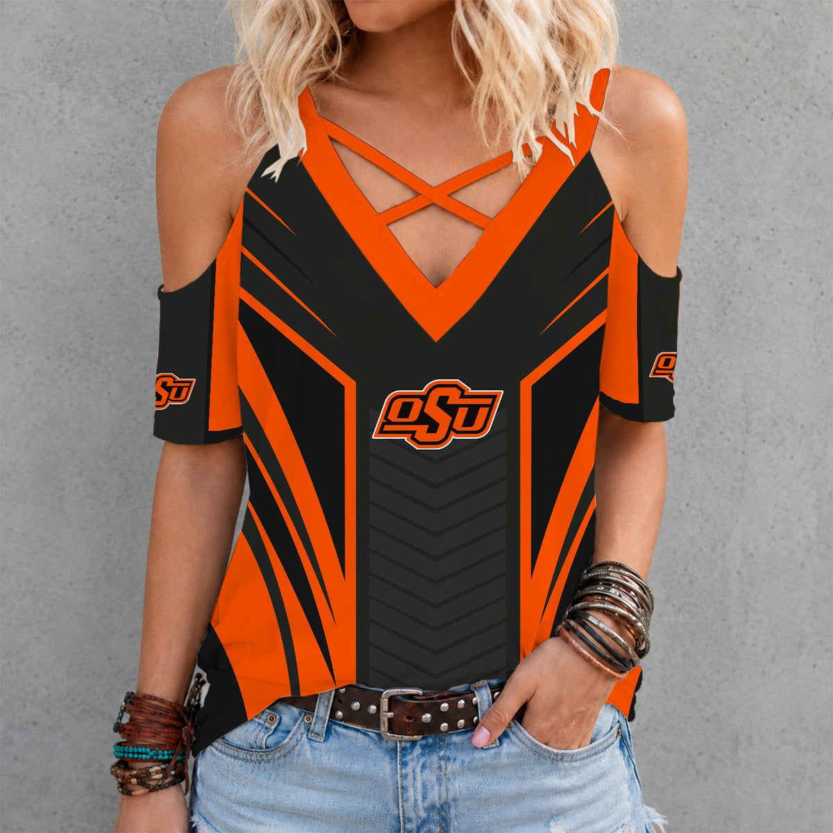 [FAN FAVORITE] NEW CUSTOMIZED NCAA CWS19 OSC OKLAHOMA STATE COWBOYS CRISS CROSS V-NECK TOP