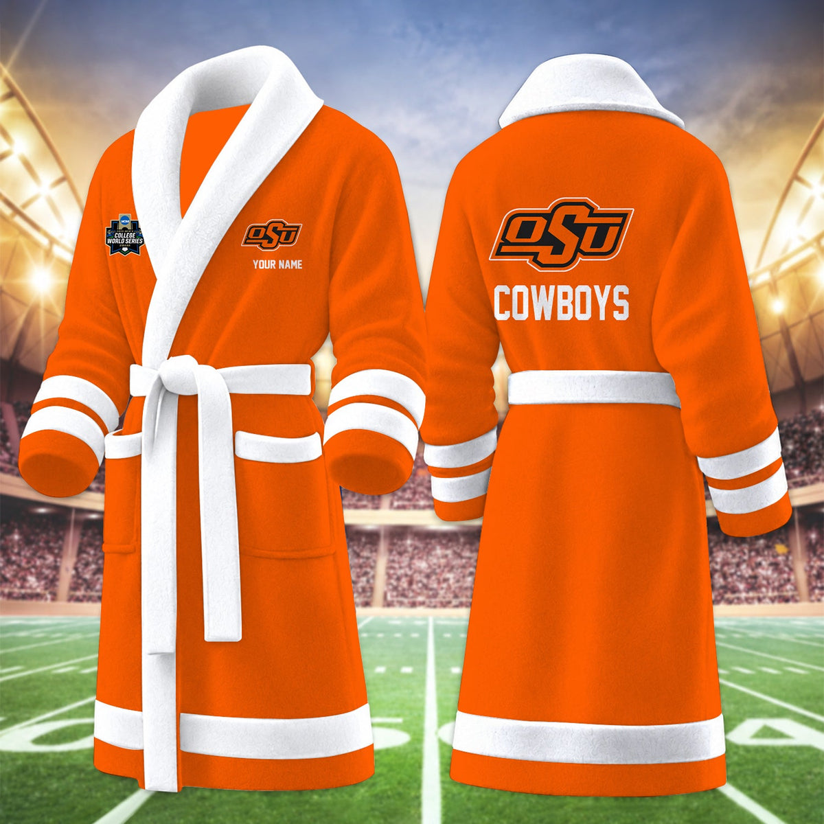 [FAN FAVORITE] NEW CUSTOMIZED NCAA CWS19 OSC OKLAHOMA STATE COWBOYS MULTICOLOR FLEECE BATHROBE