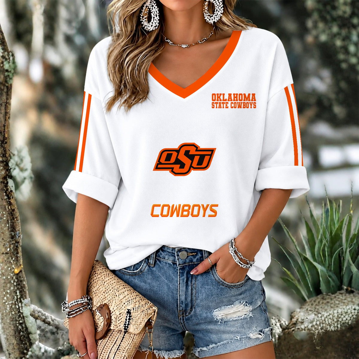 [FAN FAVORITE] NEW CUSTOMIZED NCAA CWS19 OSC OKLAHOMA STATE COWBOYS WOMEN'S V-NECK LONG SLEEVE SHIRT