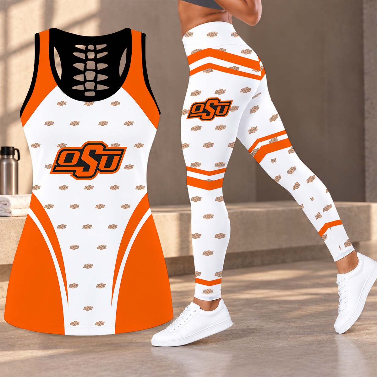 [FAN FAVORITE] NEW CUSTOMIZED NCAA CWS19 OSC OKLAHOMA STATE COWBOYS HOLLOW TANK TOP & LEGGINGS SET