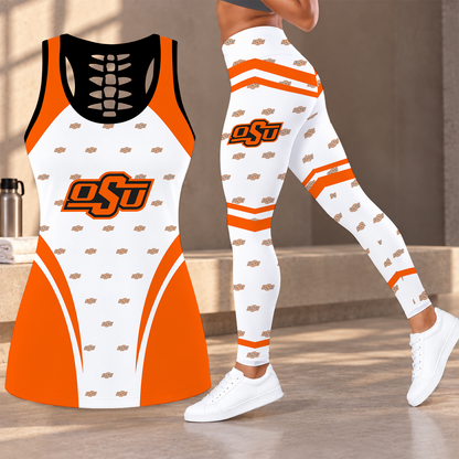 [FAN FAVORITE] NEW CUSTOMIZED NCAA CWS19 OSC OKLAHOMA STATE COWBOYS HOLLOW TANK TOP & LEGGINGS SET