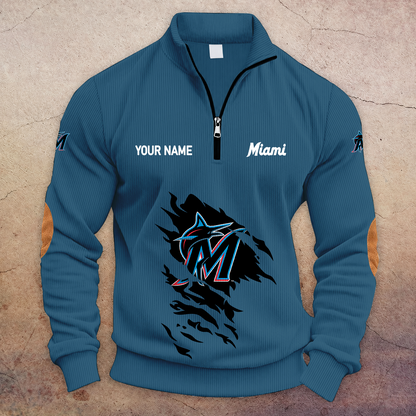 [FLASH SALE] NEW CUSTOMIZED MLB20 MMS MIAMI MARLINS MULTICOLOR STRIPED QUATER ZIP SWEATSHIRT