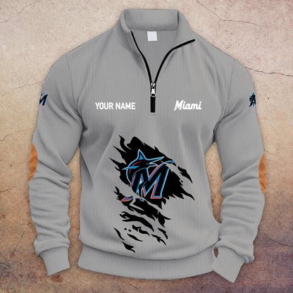 [FLASH SALE] NEW CUSTOMIZED MLB20 MMS MIAMI MARLINS MULTICOLOR STRIPED QUATER ZIP SWEATSHIRT