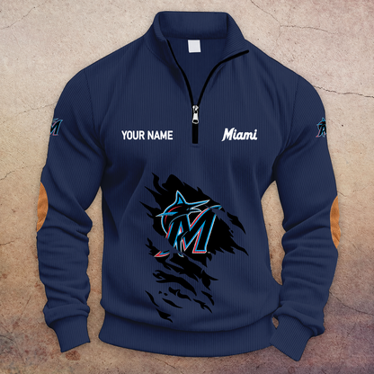 [FLASH SALE] NEW CUSTOMIZED MLB20 MMS MIAMI MARLINS MULTICOLOR STRIPED QUATER ZIP SWEATSHIRT