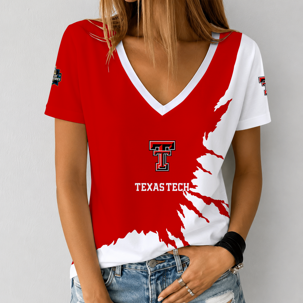 [FAN FAVORITE] NEW CUSTOMIZED NCAA CWS20 TRR TEXAS TECH RED RAIDERS V-NECK FEMALE SHIRT