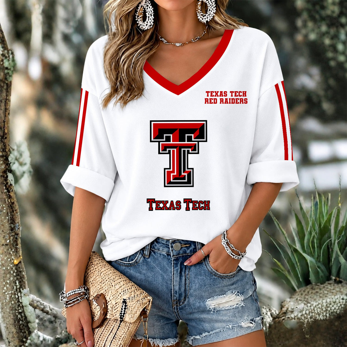 [FAN FAVORITE] NEW CUSTOMIZED NCAA CWS20 TRR TEXAS TECH RED RAIDERS WOMEN'S V-NECK LONG SLEEVE SHIRT