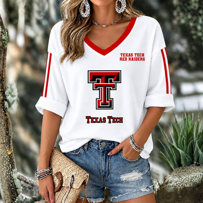 [FAN FAVORITE] NEW CUSTOMIZED NCAA CWS20 TRR TEXAS TECH RED RAIDERS WOMEN'S V-NECK LONG SLEEVE SHIRT