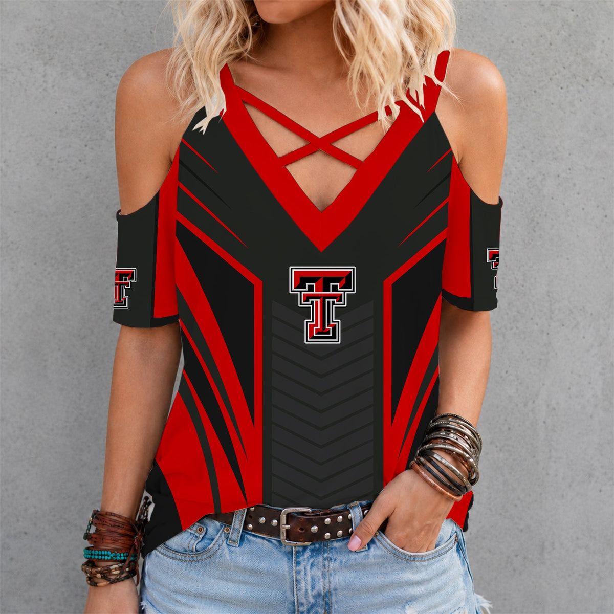 [FAN FAVORITE] NEW CUSTOMIZED NCAA CWS20 TRR TEXAS TECH RED RAIDERS CRISS CROSS V-NECK TOP