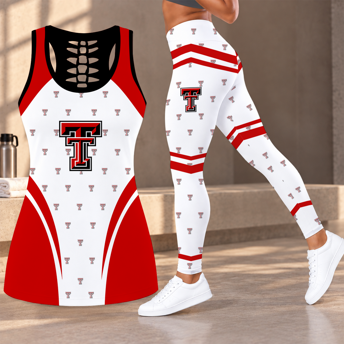 [FAN FAVORITE] NEW CUSTOMIZED NCAA CWS20 TRR TEXAS TECH RED RAIDERS HOLLOW TANK TOP & LEGGINGS SET