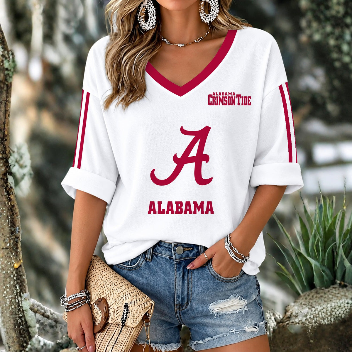 [FAN FAVORITE] NEW CUSTOMIZED NCAA CWS21 ABC ALABAMA CRIMSON TIDE WOMEN'S V-NECK LONG SLEEVE SHIRT