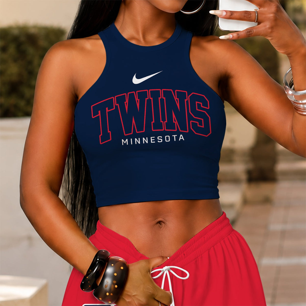 [FLASH SALE] NEW CUSTOMIZED MLB22 MTS MINNESOTA TWINS WOMEN'S CROP TOP & LONGPANTS SET