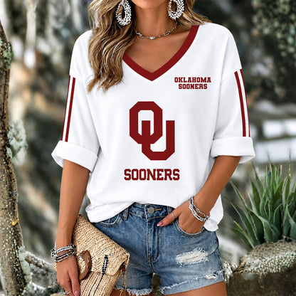 [FAN FAVORITE] NEW CUSTOMIZED NCAA CWS22 OUS OKLAHOMA SOONERS WOMEN'S V-NECK LONG SLEEVE SHIRT