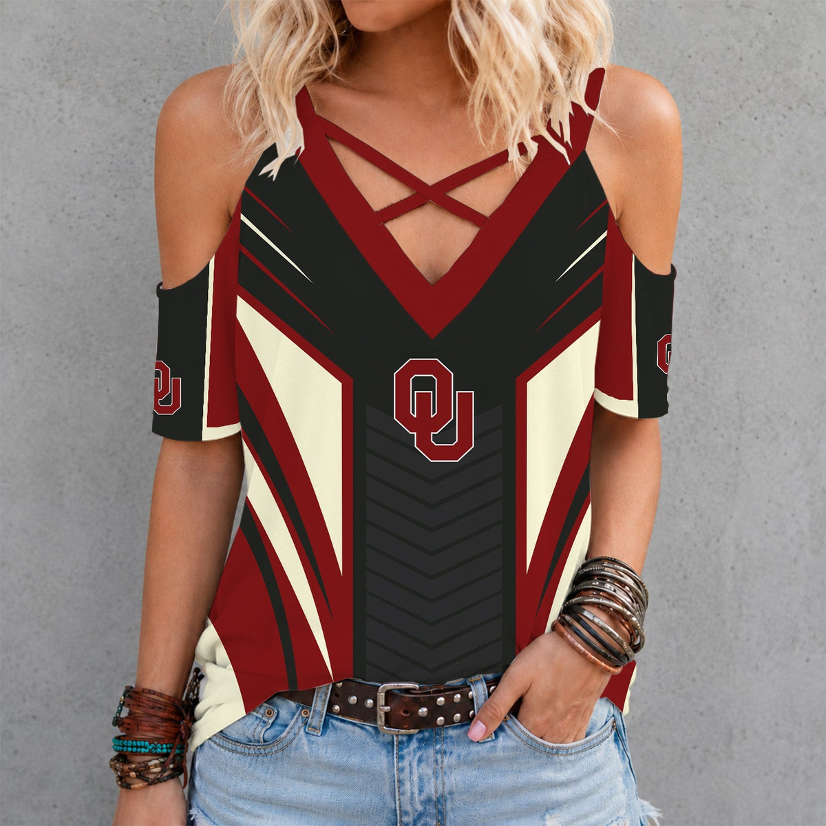 [FAN FAVORITE] NEW CUSTOMIZED NCAA CWS22 OUS OKLAHOMA SOONERS CRISS CROSS V-NECK TOP