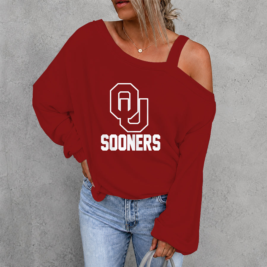 [FAN FAVORITE] NEW CUSTOMIZED NCAA CWS22 OUS OKLAHOMA SOONERS WOMEN'S OFF-SHOULDER LONG SLEEVE SHIRT