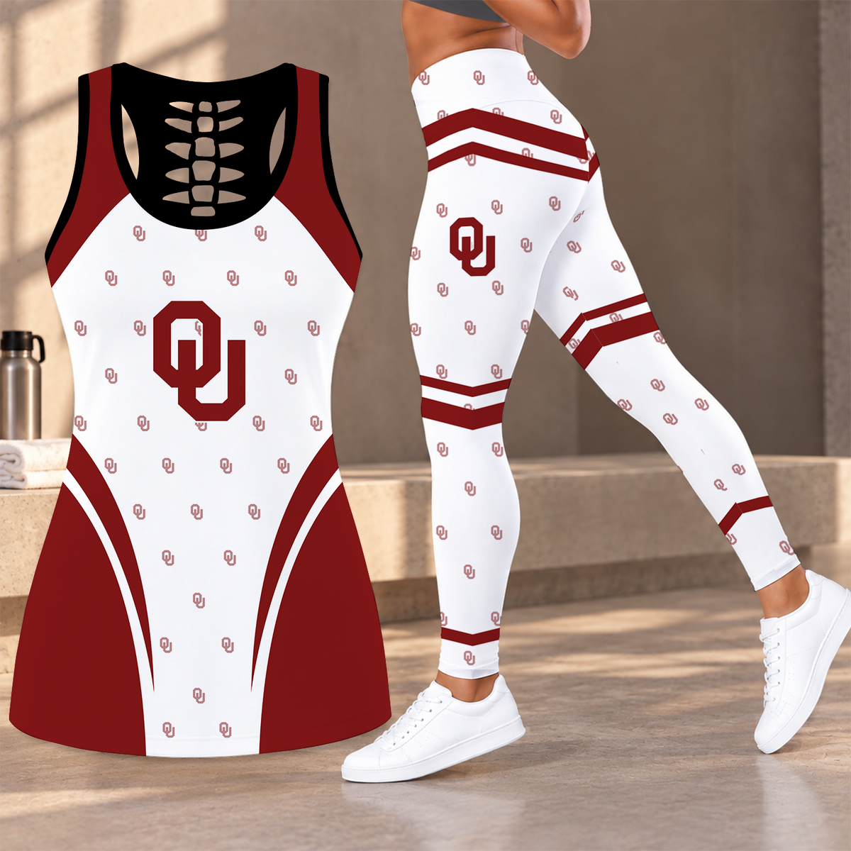 [FAN FAVORITE] NEW CUSTOMIZED NCAA CWS22 OUS OKLAHOMA SOONERS HOLLOW TANK TOP & LEGGINGS SET