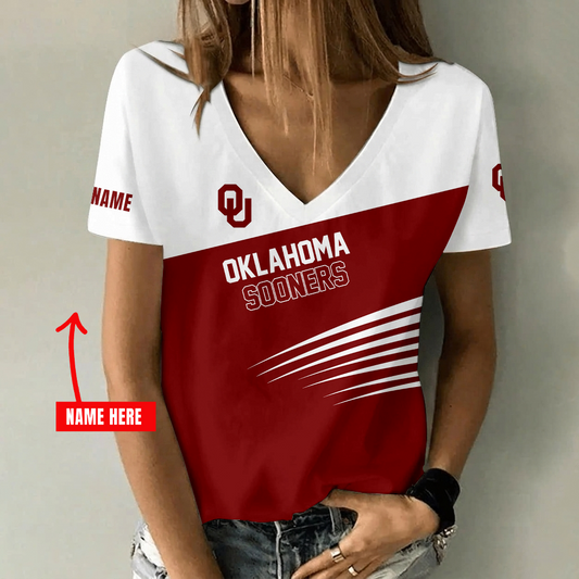 [FAN FAVORITE] NEW CUSTOMIZED NCAA CWS22 OUS OKLAHOMA SOONERS V-NECK FEMALE SHIRT