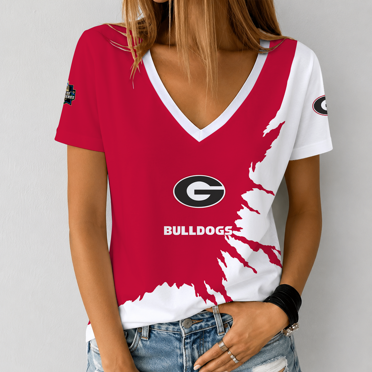 [FAN FAVORITE] NEW CUSTOMIZED NCAA CWS23 GEB GEORGIA BULLDOGS V-NECK FEMALE SHIRT