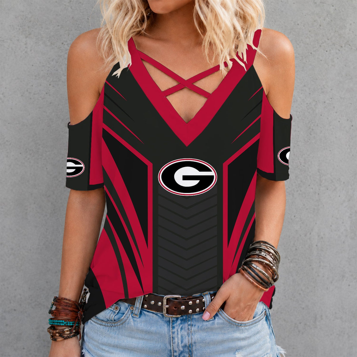 [FAN FAVORITE] NEW CUSTOMIZED NCAA CWS23 GEB GEORGIA BULLDOGS CRISS CROSS V-NECK TOP