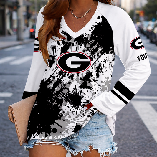 [FAN FAVORITE] NEW CUSTOMIZED NCAA CWS23 GEB GEORGIA BULLDOGS WOMEN'S V-NECK LONG SLEEVED SHIRT