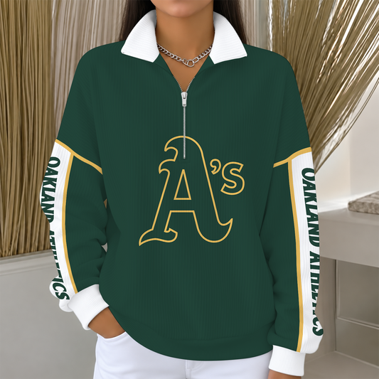 [SPECIAL OFFER] NEW CUSTOMIZED MLB23 OAS OAKLAND ATHLETICS QUARTER ZIP RIBBED SWEATER